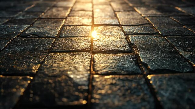 Sunlight reflecting on wet cobblestone pavement, creating a serene urban atmosphere