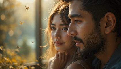 Loving Couple Sharing a Quiet Moment in a Warm Sunny Setting