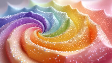 Close-up of a swirling, rainbow-colored confectionery, with water droplets and glittering particles