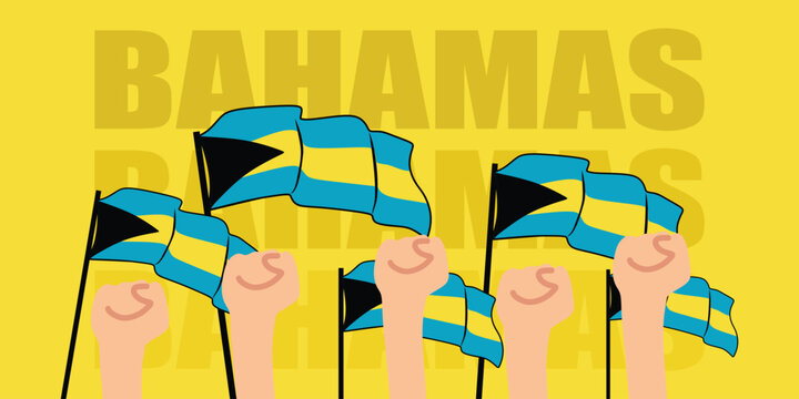 hand with flag of the Bahamas or Bahamas independence day vector illustration of Bahamas flag with yellow background banner or greeting card