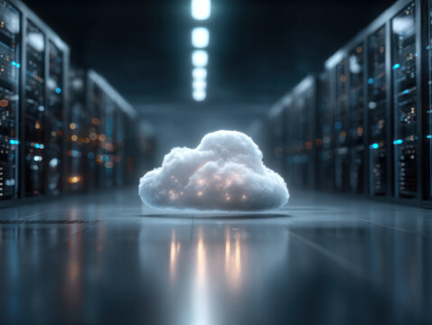 Cloud computing concept with glowing cloud shape in data center aisle with server racks and atmospheric lighting.
