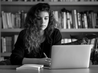 Focused woman engaged in learning and personal development at her workspace