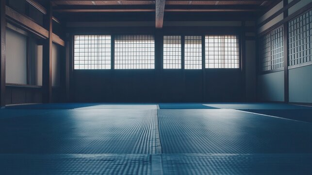 An empty dojo with tatami mats and traditional japanese architecture is illuminated by natural light