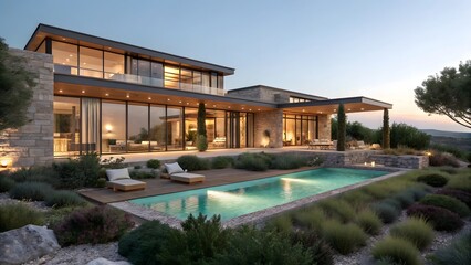 Obraz premium Luxury Modern Villa with Glass Walls and Private Pool at Sunset in Countryside Setting
