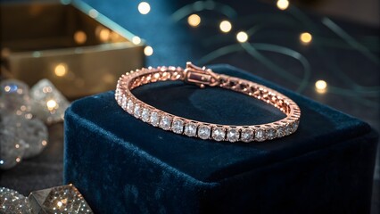 Fototapeta premium Luxury Rose Gold Tennis Bracelet with Diamonds on Velvet Display