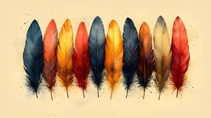A flat image showcasing an elegant minimalist arrangement of stylized feathers in a variety of warm earthy tones inspired by the colors of autumn