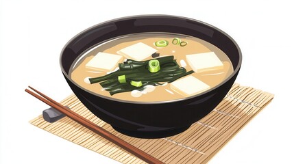 A bowl of miso soup with tofu and seaweed is isolated on white background
