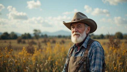 Elderly Man Wearing Cowboy Hat Standing in Rural Meadow Field