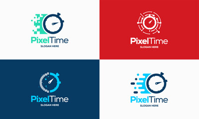 Set of Pixel Time Logo designs concept vector, Technology Stopwatch Logo designs symbol, icon, template vector