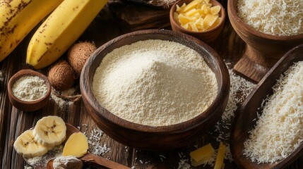 Fototapeta premium Banana flour and shredded coconut are displayed in wooden bowls with fresh bananas