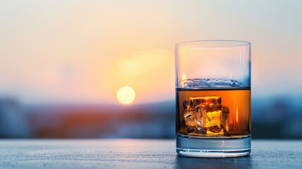 A glass of whiskey with ice cubes in it sits on a table