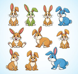 A charming set of ten cartoon rabbits, each with a friendly smile and depicted in various endearing poses