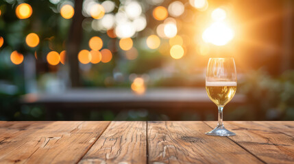 A glass of wine is sitting on a wooden table with a blurry background