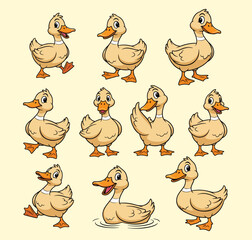 A charming collection of ten light yellow cartoon ducklings, each depicted with a cheerful expression and in various playful poses.