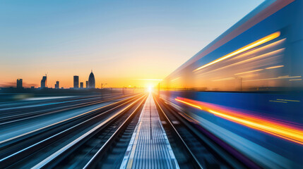 A train is traveling down a track with a sunset in the background