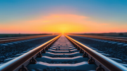 The train tracks are empty and the sun is setting