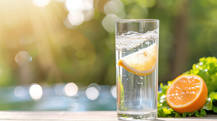 A glass of water with a slice of orange on top