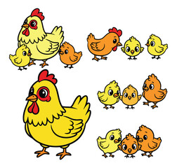 A charming vector illustration featuring a cute family of cartoon chickens and chicks in various poses showcasing their adorable yellow and orange colors
