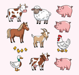 A charming vector illustration showcasing a wide array of popular farm animals.