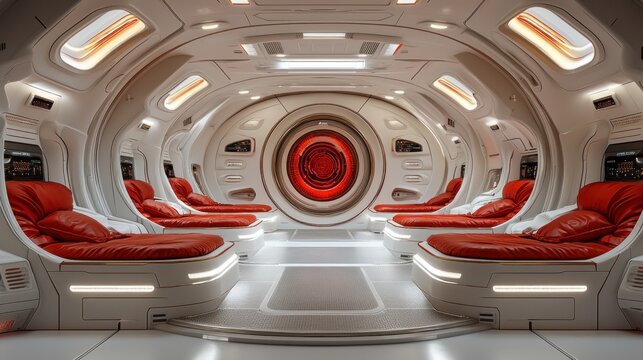 Futuristic spacecraft interior with red seating