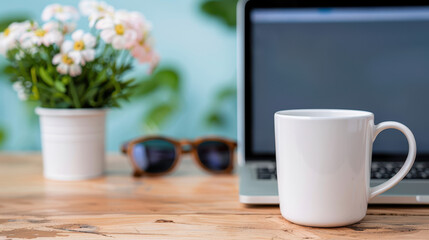 A white coffee cup sits on a wooden table next to a laptop and a potted plant