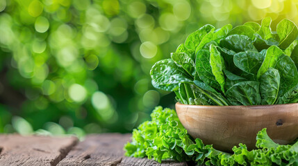 A bowl of green spinach is on a wooden table