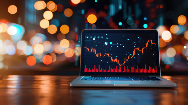 A laptop screen shows a graph with a red line