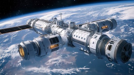 Space Station Orbiting Earth with Clear Blue Sky Background