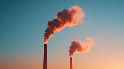 Two tall smokestacks spewing smoke into the sky