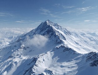 Majestic snow-covered mountain peak under clear blue sky, alpine landscape with dramatic ridges and shadows, aerial view, winter wilderness scenery, ideal for travel, adventure, and nature themes  