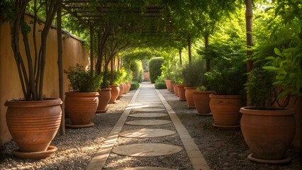 Peaceful Garden Walkway with Terracotta Pots and Lush Greenery