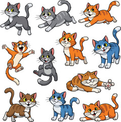 Fototapeta premium A vibrant and diverse set of ten cartoon cats, each with a cheerful expression and in various dynamic poses