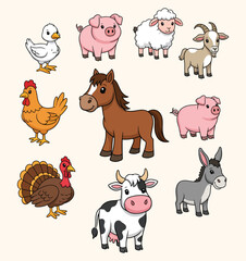 Obraz premium Diverse Collection of Farm Animals Vector Illustration for Kids