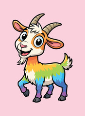 Obraz premium A charming and vibrant vector illustration of a happy cartoon farm goat with a colorful rainbow-patterned body