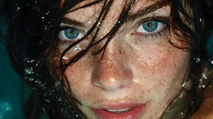Intense Close-up Portrait of a Woman's Face with Water Splashes