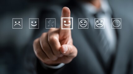 Positive User Experience: Hand Choosing a Smiling Face on Digital Interface