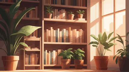  Blurred bookshelf and potted plant in warm lighting — cozy and intellectual, great for education or online course slides
