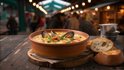 Rustic Seafood Chowder with Mussels and Vegetables in Ceramic Bowl at Market Eatery