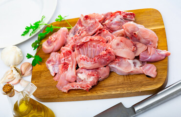 Raw rabbit meat with natural ingredients before cooking, nobody