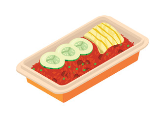 Fried rice with omelette and cucumber slice in lunch box. Simple flat illustration in isometric view.