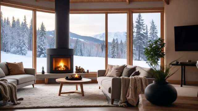 Cozy Winter Cabin Living Room With Mountain View