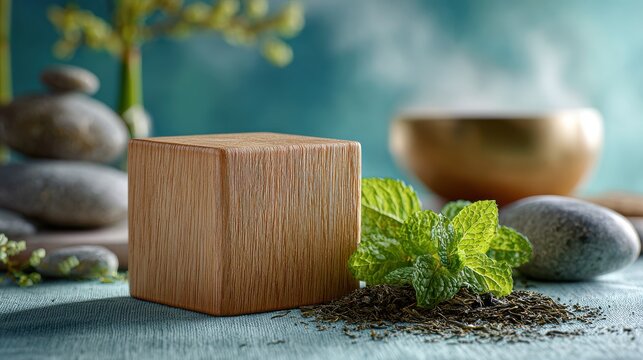 Serene Spa Cube Mockup Herbal Tea and Relaxation Wellness Concept