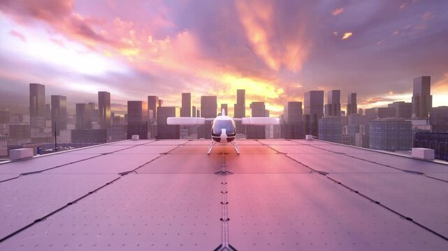 Futuristic eVTOL Aircraft on Rooftop Helipad in Modern City at Sunset