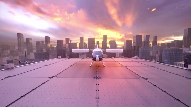 Futuristic eVTOL Aircraft on Rooftop Helipad in Modern City at Sunset