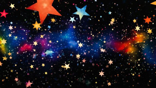 黒背景にカラフルなたくさんの星形のイラスト