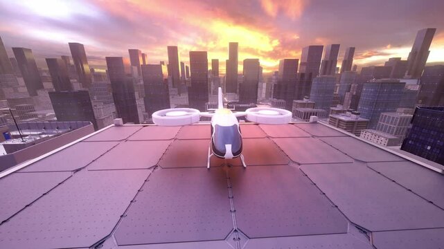 Futuristic eVTOL Aircraft on Rooftop Helipad in Modern City at Sunset