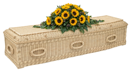 Light textured bamboo coffin against a plain white background 