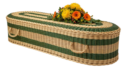  A beige coffincrafted from woven wicke with horizontal bands isolated on white