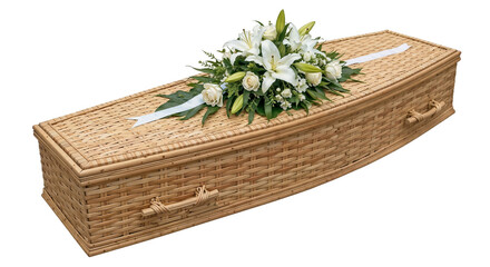  handcrafted coffin made from flexible banana cord woven decorated with flowers isolated on white background for the catalogue
