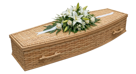  handcrafted coffin made from flexible banana cord woven decorated with flowers isolated on white background for the catalogue
